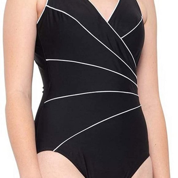 NWT MIRACLESUIT Tummy Control Horizon Swimsuit 12 Black/White - Picture 1 of 3